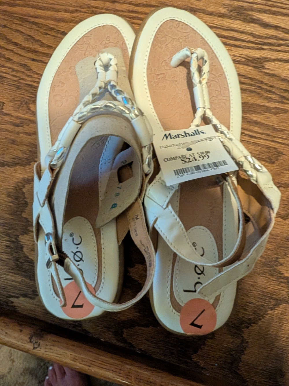 b.o.c. White Braided T-Strap Sandals with Ankle Buckle